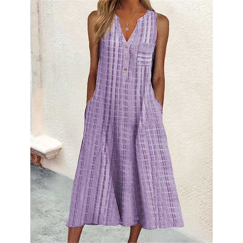 Women's Midi Dress Cotton Linen Dresses Tank Dress Summer Dress Print Dress Active Fashion Outdoor Daily Weekend Loose Fit Plaid Sleeveless V Neck Black Pink Blue Purple Summer Spring4
