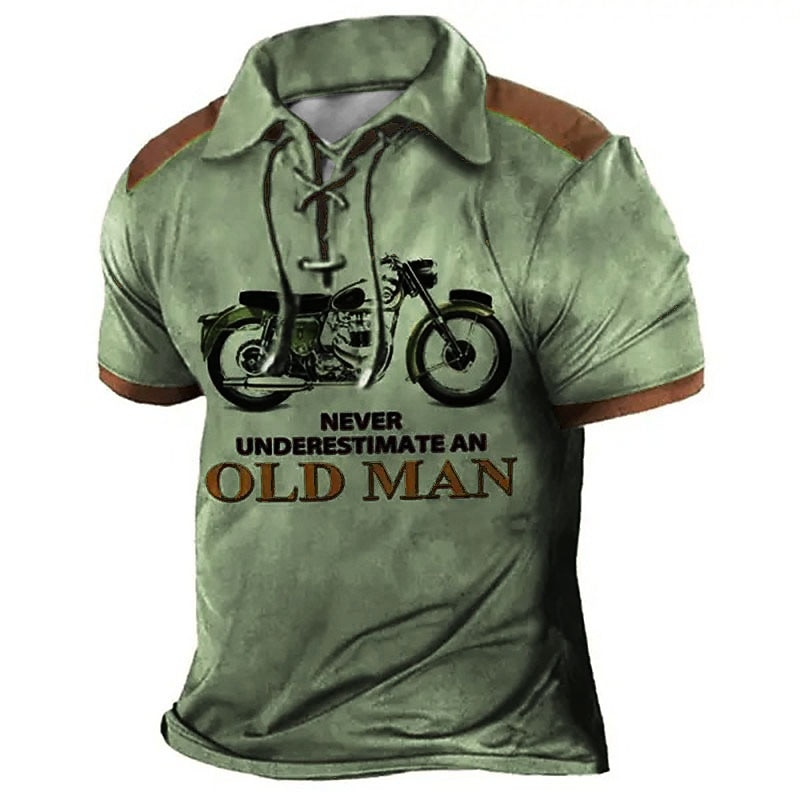 Men's Short Sleeve Graphic Polo Shirt with 'Never Underestimate an Old Man' Motorcycle Biker Design3