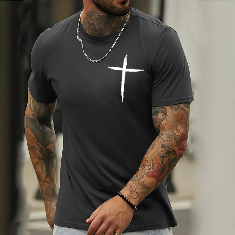 Men's Short Sleeve Graphic T-Shirt with White Cross Symbol for Lifestyle & Faith2