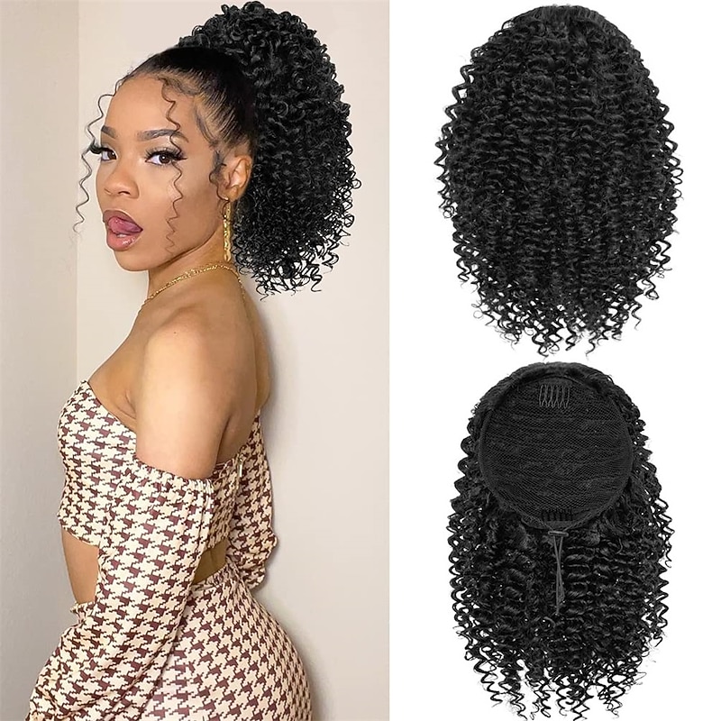 Short Kinky Curly Ponytail Extension for Black Women 10 Inch Natural Black Drawstring Curly Ponytail with Two Clips Synthetic Afro Drawstring Ponytail for Black Women
