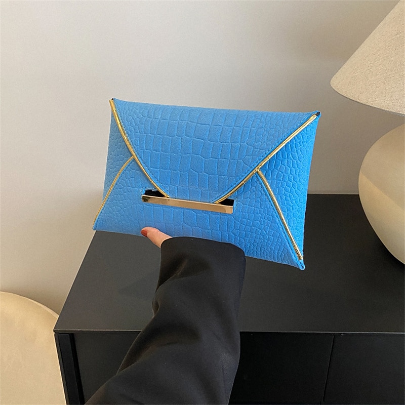 Women's Yellow Croc-Embossed Envelope Clutch with Metal Handle and Textured Faux Leather, Bold Evening Bag for Cocktail Parties, Weddings and Night Out2
