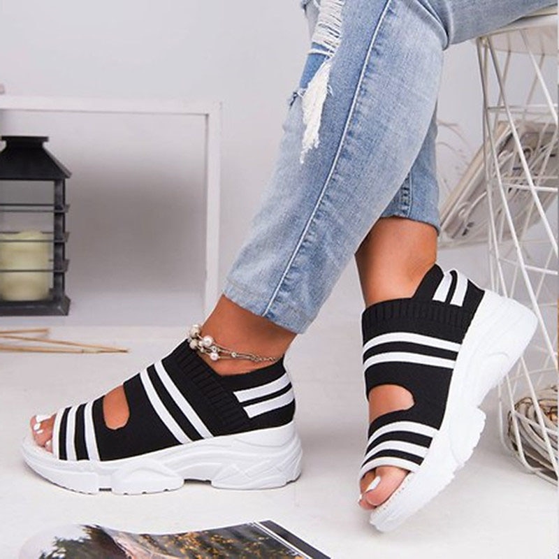Women's Sporty Knit Peep Toe Sandals with Chunky White Sole and Striped Design, Breathable Platform Sneakers Sandals for Summer Walking and Casual Outfits3