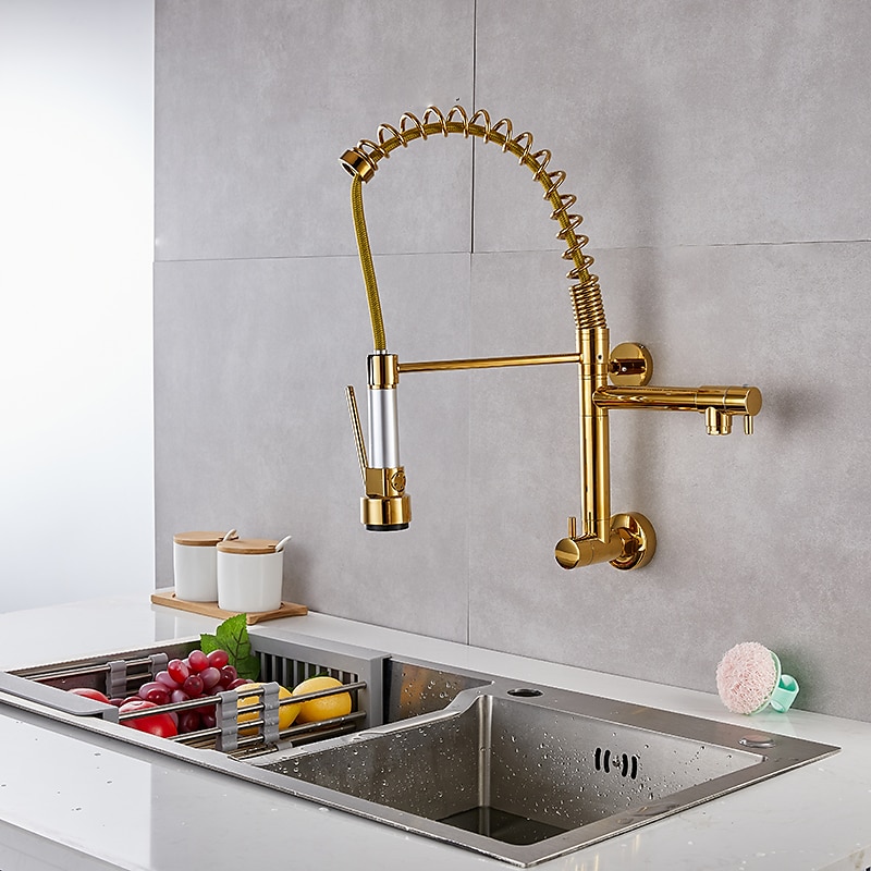 Wall Mounted Kitchen Sink Faucet Only Cold Water Pull Down Sprayer, 360 Swivel Pull Out Kitchen Taps 2 Sprayer Mode Vessel Water Tap Gold Black Chrome 10