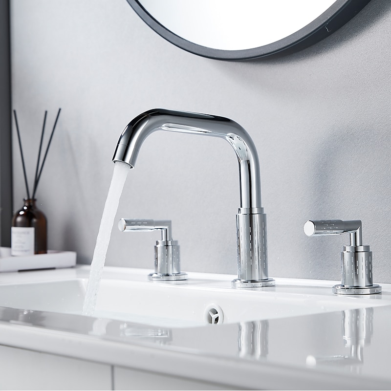 Widespread Bathroom Sink Mixer Faucet 360 Degree Swivel, Brass 3 Hole 2 Handle Basin Tap Deck Mounted, Washroom Basin Vessel Water Tap with Hot and Cold Hose2