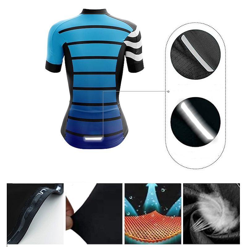 Women's Cycling Jersey Graphic Stripes Short Sleeve Bike Jersey Top with 3 Rear Pockets Mountain Bike MTB Road Bike Cycling Quick Dry Reflective Strips Back Pocket Moisture Wicking Sports Blue2