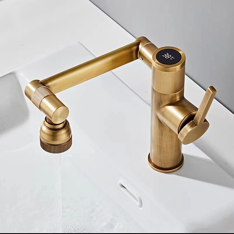 Foldable Bathroom Sink Mixer Faucet LED Displayer, Vintage 360 Swivel Spout Rotatable Wash Basin Tap, Brass Retro Single Handle One Hole with Cold and Hot Water Hose2