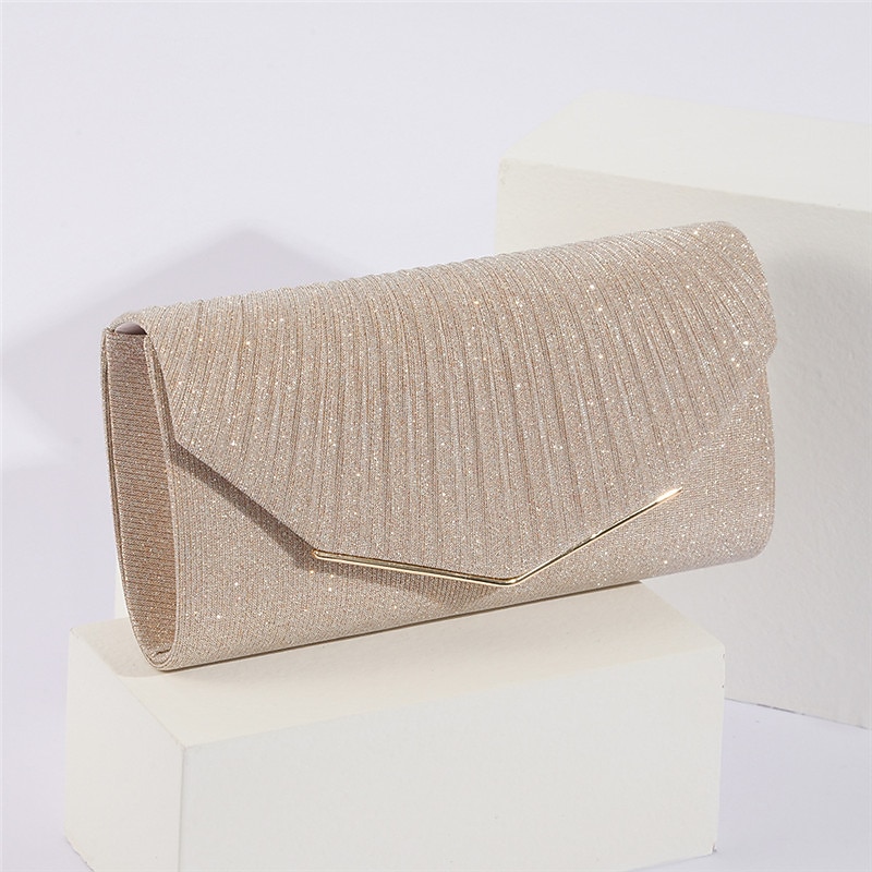 Women's Elegant Gold Glitter Evening Clutch Bag with Metal Accent - Perfect for Weddings, Parties, and Formal Events