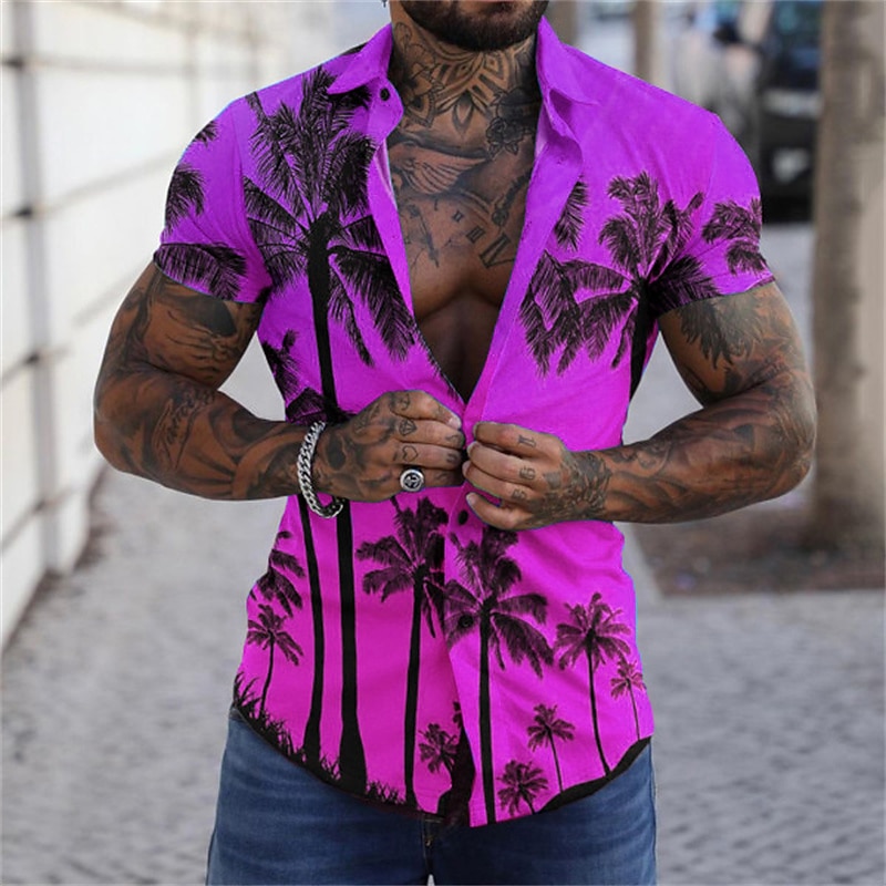 Men's Graphic Palm Tree Tropical Plants Shirt Summer Hawaiian Shirt Aloha Shirt Short Sleeve Shirt Turndown Fashion Designer Casual Street Daily Holiday Sea Blue Yellow Purple 3D Print S M L4