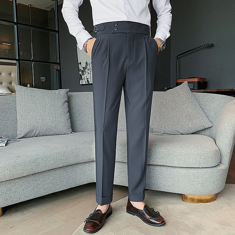 Men's Graduation Dress Pants Trousers Pleated Pants Suit Pants Pocket High Rise Solid Color Comfort Soft Ankle-Length Daily Going out Elegant Vintage Black White High Waist4