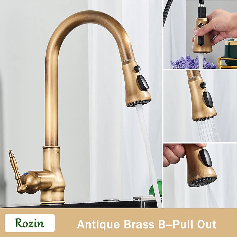 Kitchen Faucet with Sprayer,Antique Brass Pull-out 3-Function Outlet Mode Single Handle One Hole Sink Kitchen Taps with Soap Dispenser or Drain3