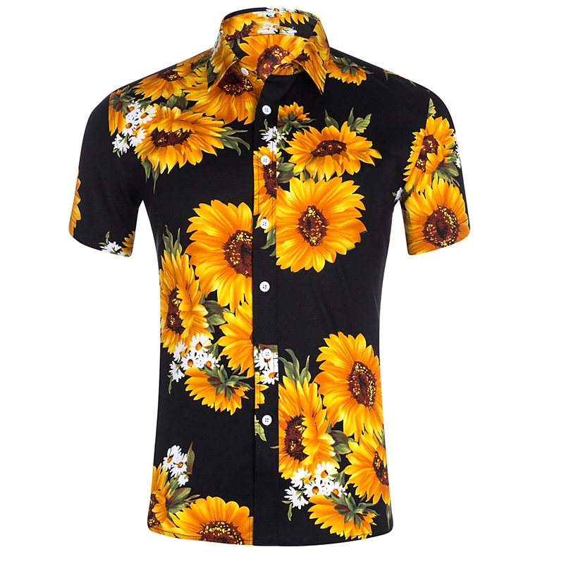 Men's Sunflower Flower Tropical Plants Summer Shirt Casual Shirt Beach Shirt Short Sleeve Shirt Lapel Hawaiian Stylish Casual Vacation Holiday Daily Wear Black White Dark Blue S M L