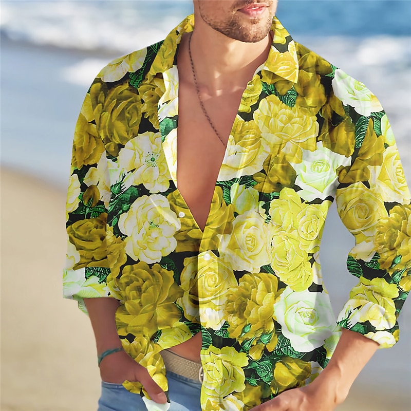 Men's Floral Tropical Flowers Rose Shirt Summer Hawaiian Shirt Aloha Shirt Long Sleeve Shirt Turndown Fashion Streetwear Designer Outdoor Street Casual Yellow Red Blue S M L3