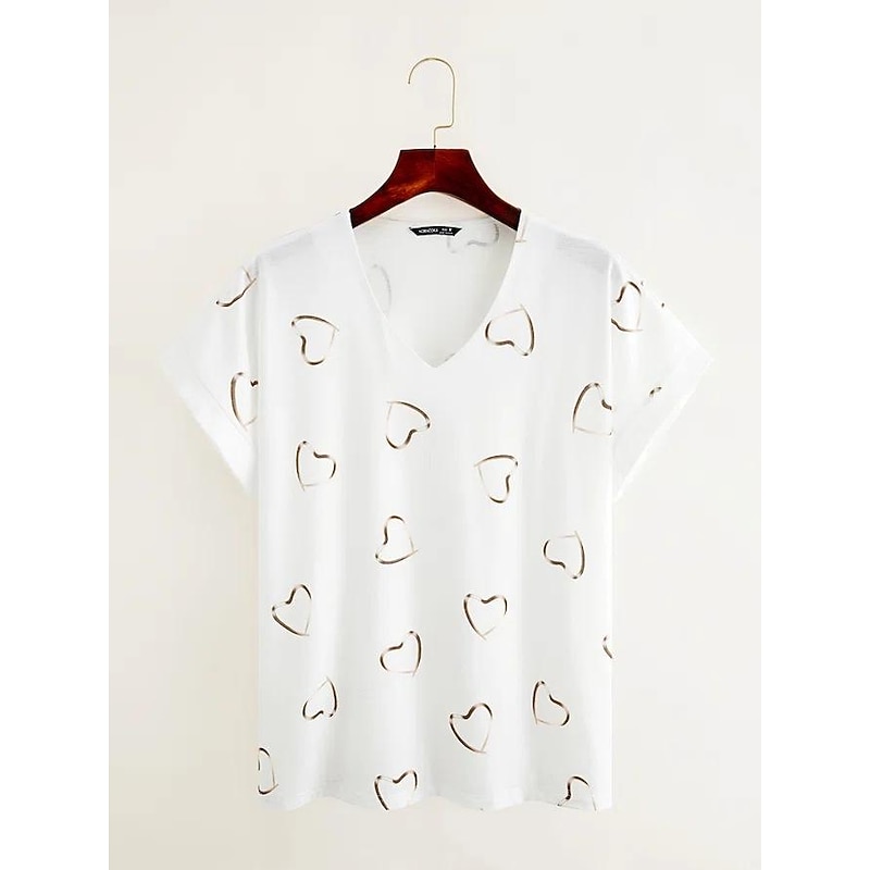 Women's T Shirt Blouse Basic Heart Print Dolman Sleeve Short Sleeve Regular Tops V Neck Casual White Pink Blue4