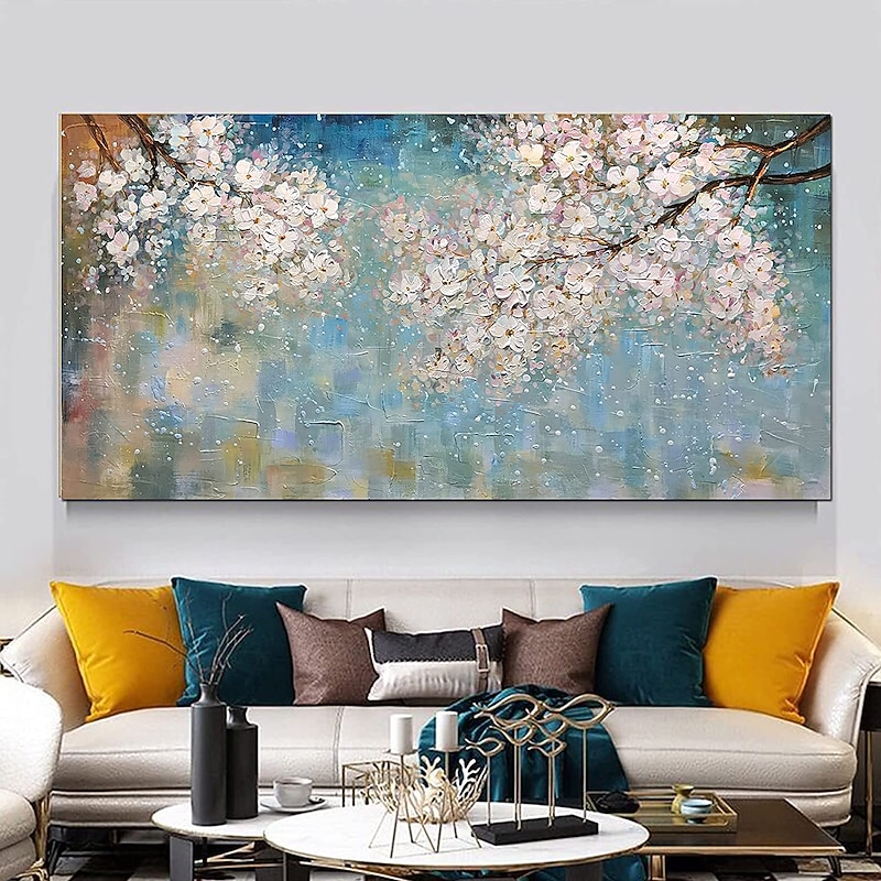 Oil Painting Hand Painted Horizontal Abstract Floral / Botanical Modern Stretched Canvas