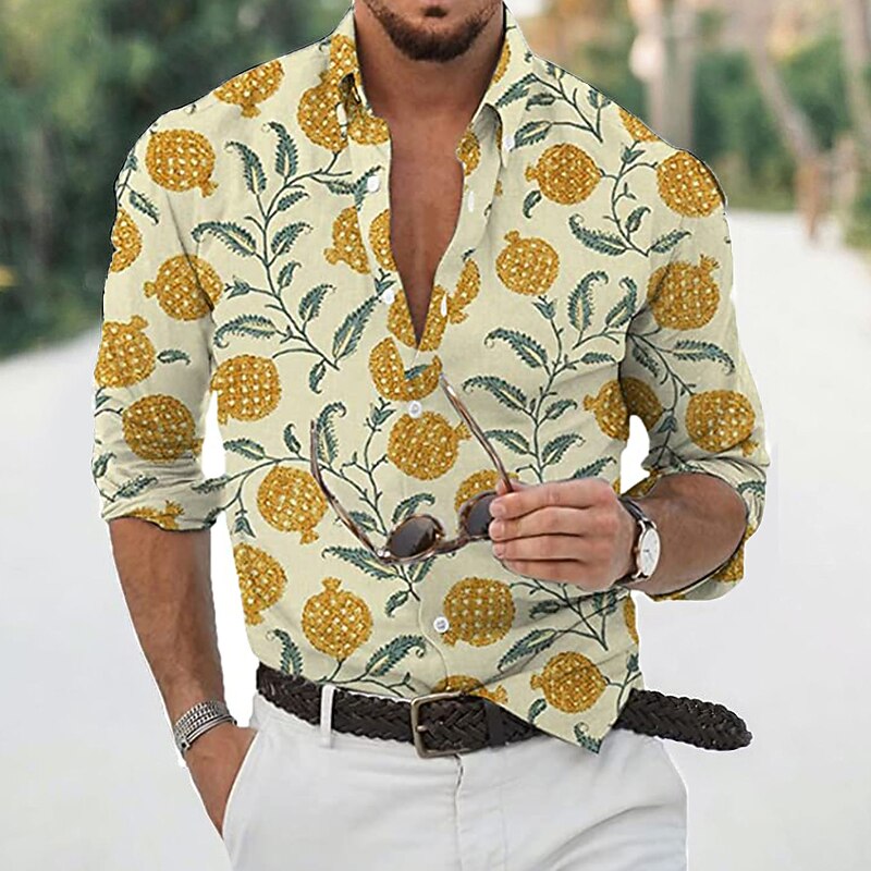 Men's Leaves Shirt Long Sleeve Sports Fashion Designer Daily Holiday Summer Spring Turndown Print White Yellow Pink Blue Sky Blue3