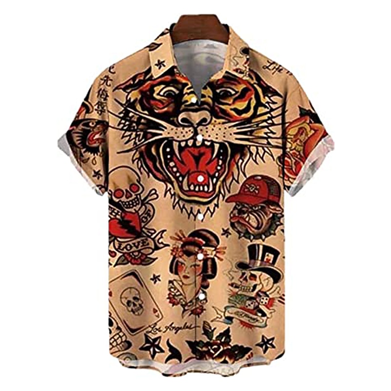 Men's Palm Leaf Pin Up Girl Shirt Summer Hawaiian Shirt Aloha Shirt Short Sleeve Shirt Turndown Vintage Fashion Designer Vacation Casual Daily Yellow Blue Brown Print S M L4