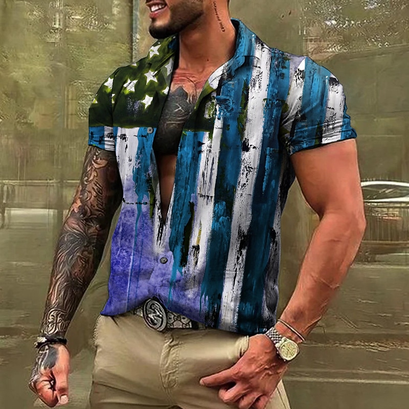 American Independence Day Men's American Flag Shirt Button Up Shirt Short Sleeve Fashion Streetwear Designer Street Daily Independence Day Summer Spring Turndown Print Red Blue Brown Gray3