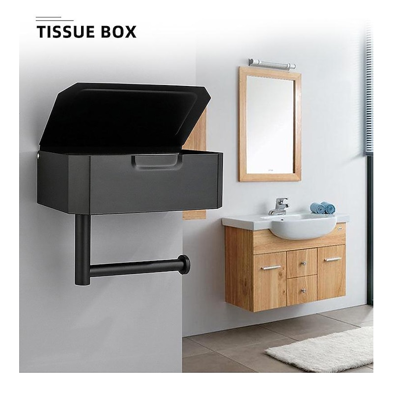 Toilet Paper Holder with Storage and Shelf, Matt Black Bathroom Toilet Paper Holder Wall Mount， Stainless Steel Flushable Wet Wipes Dispenser - Hide Your Wipes from View2