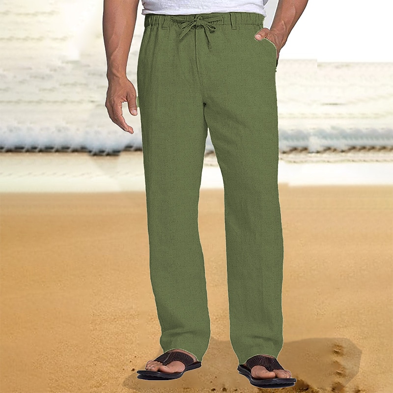 Men's Linen Pants Trousers Summer Pants Beach Pants Drawstring Elastic Waist Straight Leg Plain Comfort Breathable Casual Daily Holiday Fashion Classic Style Black White3