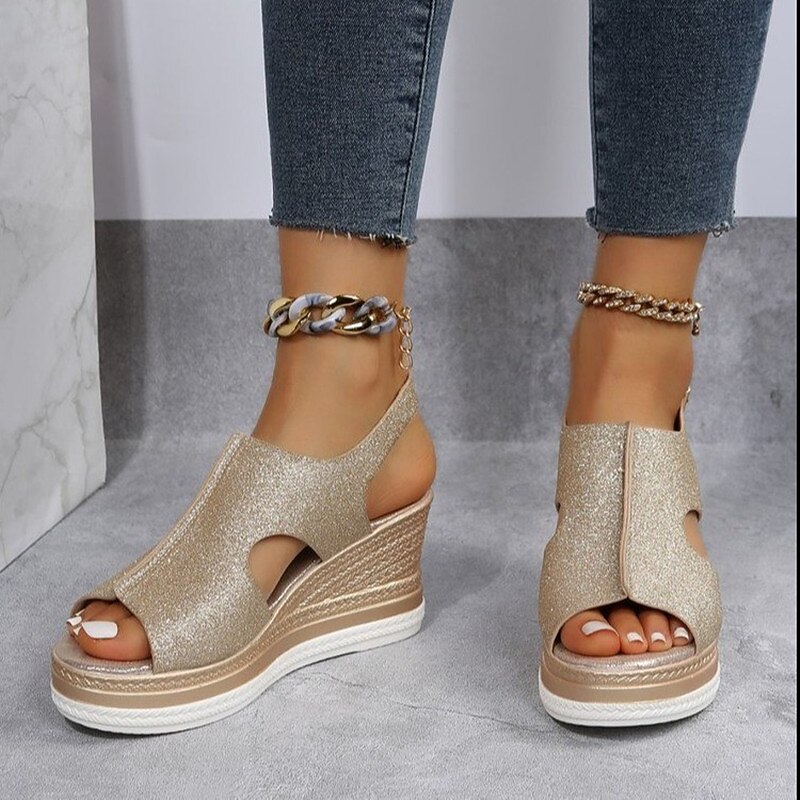 Women's Glitter Wedge Sandals – Open-Toe Design with Cut-Out Details, Adjustable Strap, and Platform Sole, Perfect for Summer Parties and Casual Outings2