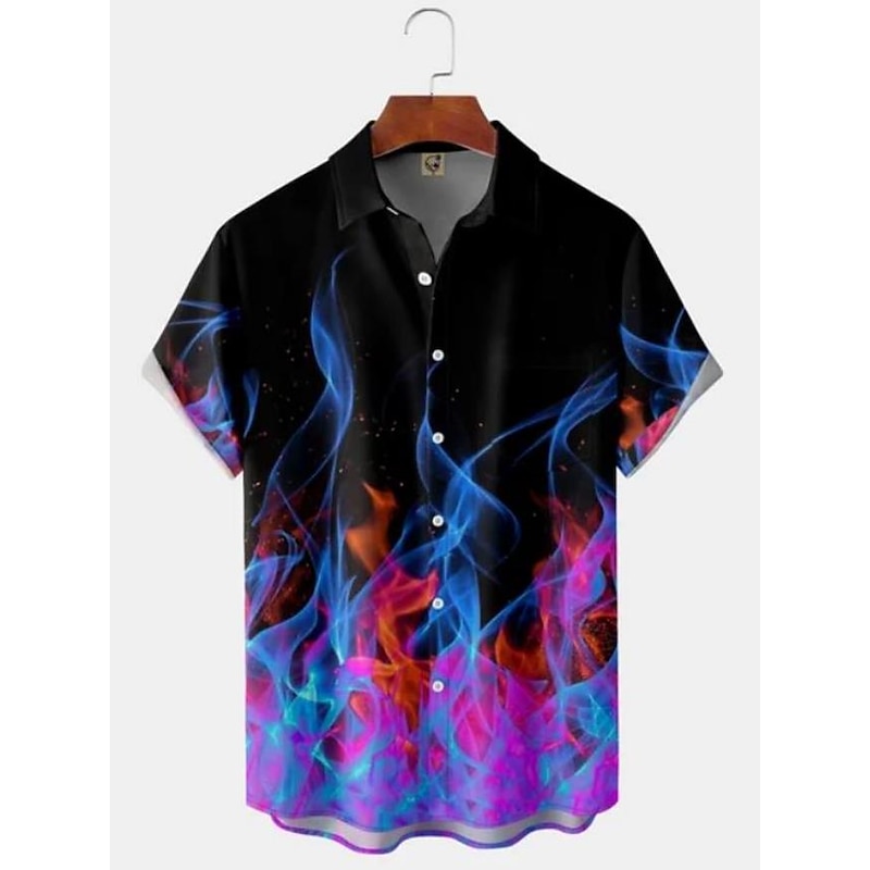 Men's Flame Bowling Ball Shirt Button Up Shirt Short Sleeve Tropical Fashion Hawaiian Outdoor Beach Summer Spring Turndown Print Button-Down Black Yellow Black / Red Red Dusty Blue4