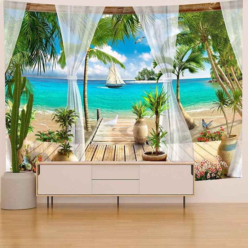 Beach Theme Hanging Tapestry Wall Art Large Tapestry Mural Decor Photograph Backdrop Blanket Curtain Home Bedroom Living Room Decoration 10