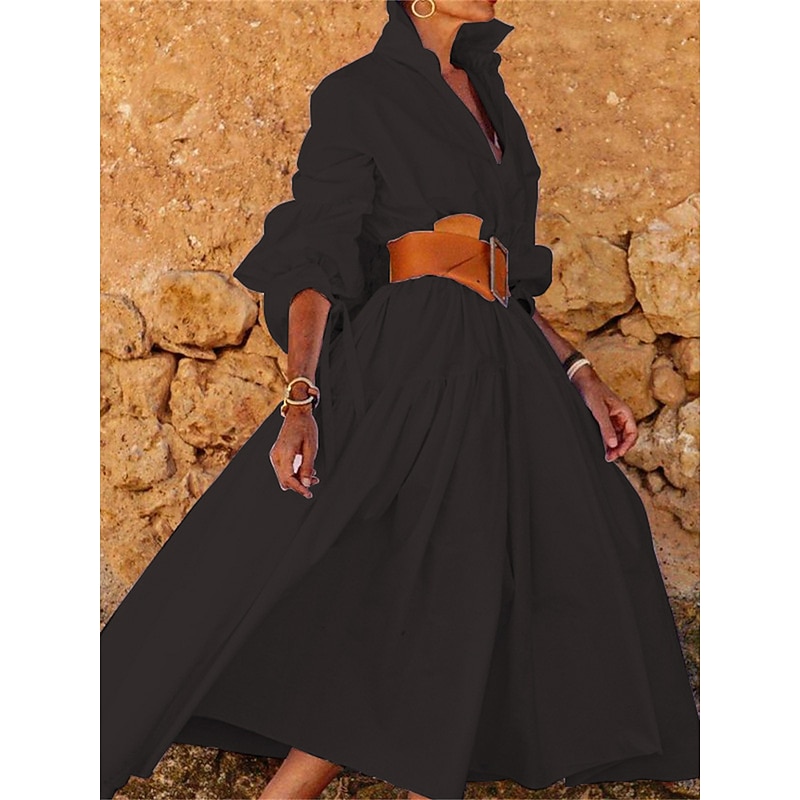 Women's White Dress Shirt Dress Casual Dress Maxi long Dress Outdoor Daily Polyester Fashion Casual Shirt Collar Lace up Button Long Sleeve Summer Spring Regular Fit Pure Color4