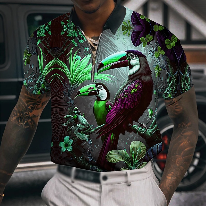 Men's Bird Hawaiian Polo Shirts Golf Shirt Short Sleeve Polo Shirts Collared Shirts Casual Funny Beach Wear Vacation Wear Party Outfits 3D Print Quarter Zip Polo Red Blue Purple3