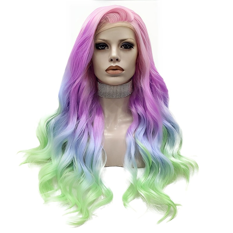 Rainbow Synthetic Wigs Colorful Natural Wave Synthetic Wig for Drag Queen Mermaid Cosplay Party 26 inches Halloween Wigs2