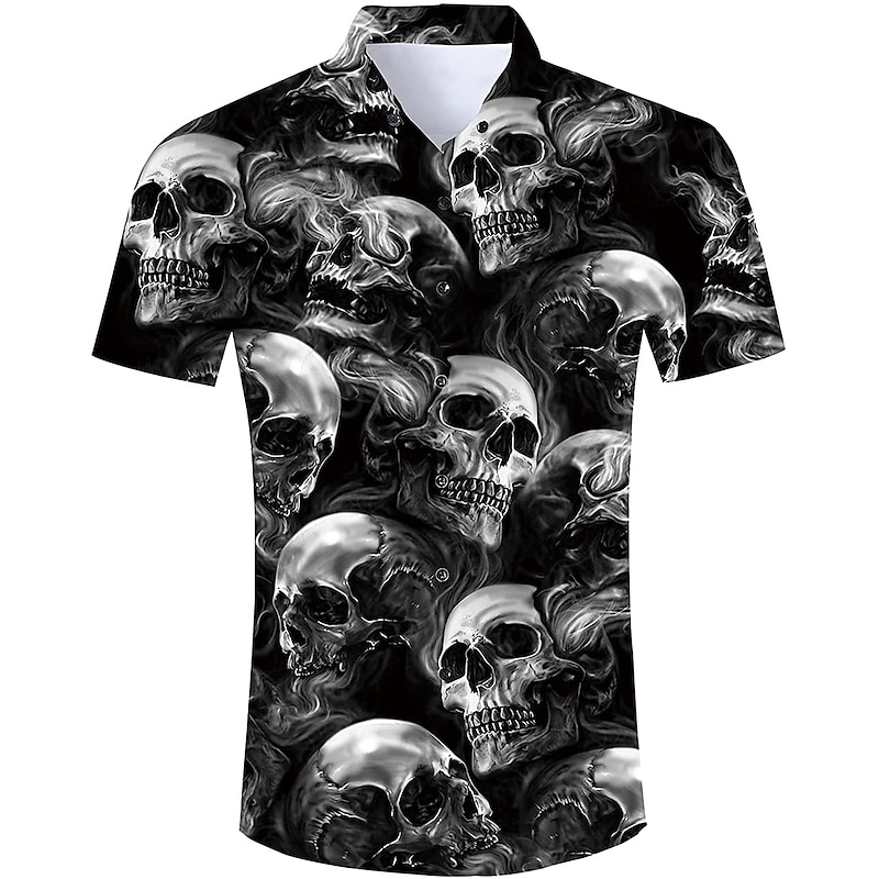 Men's Skull Shirt Button Up Shirt Short Sleeve Fashion Cool Punk & Gothic Street Casual Daily Summer Spring Turndown Print Button-Down Black Red Purple Black+White4