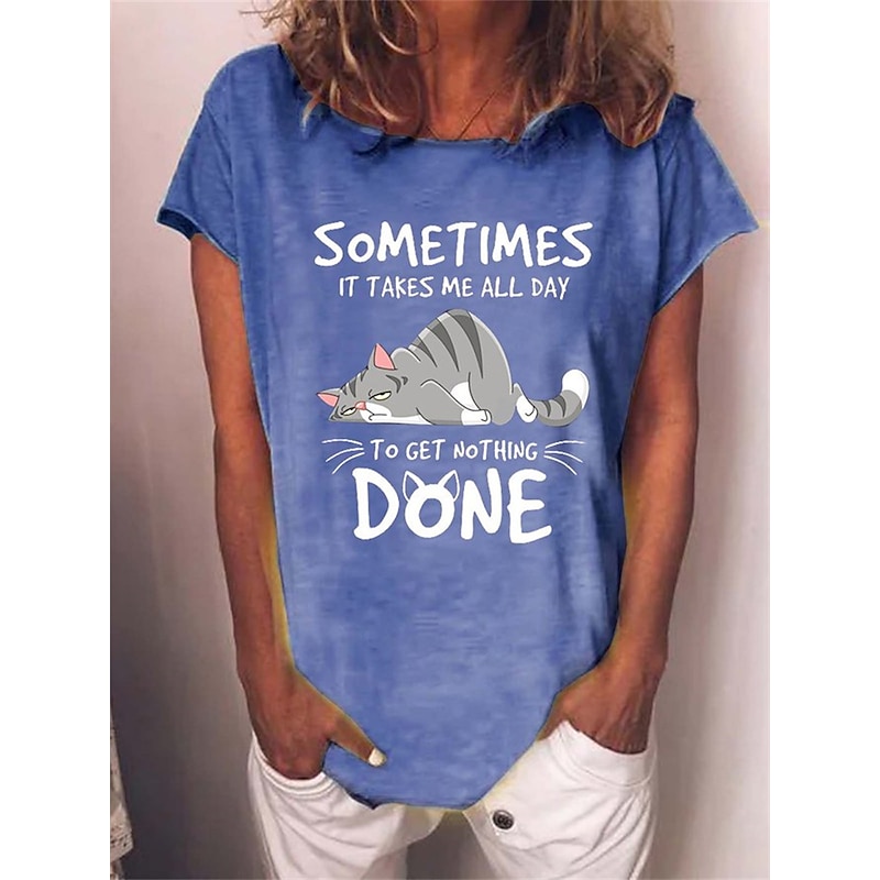 Women's T Shirt Cat Letter Text Basic Short Sleeve Round Neck Regular Tops Daily Weekend Print Black Red Blue Green Gray2