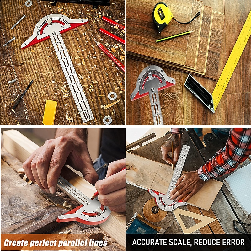 Woodworker Edge Rule Stainless Steel Square Edge Ruler Woodworking Compass And Protractor Set, Multi-function Angle Measure Tool With Wall Hanging Storage Rack Only Imperial No Metric4