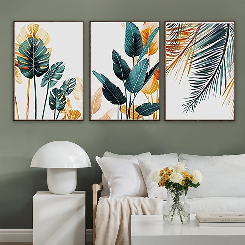 Canvas Prints Wall Art Original Designed Framed Tropical Plants Pictures Minimalist Watercolor Painting Palm Monstera Green Leaf for Living Room Office Bedroom BathRoom 3 Piece 12 X 18
