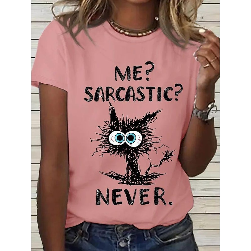 Women's T Shirt Basic Funny Cat Letter Print Short Sleeve Regular Tops Round Neck Daily Weekend White Pink Blue2