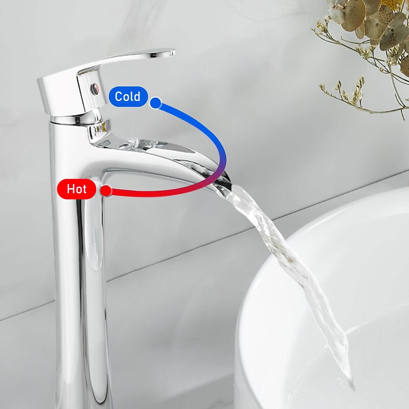Waterfall Bathroom Sink Mixer Faucet Chrome, Tall Basin Mixer Taps Brass, Single Handle One Hole Tap with Hot and Cold Hose Deck Mounted Vessel Water Tap2