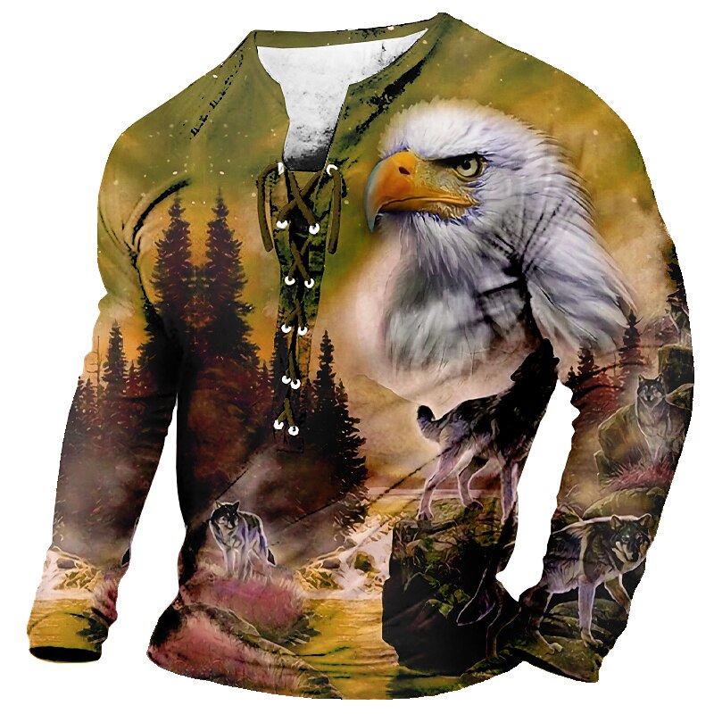 Eagle And Wolves Casual Mens 3D Shirt For | Green Winter Polyester | Men'S Tee Graphic Animal Collar Clothing Apparel 3D Print Daily Long Sleeve Lace Up Fashion Designer3