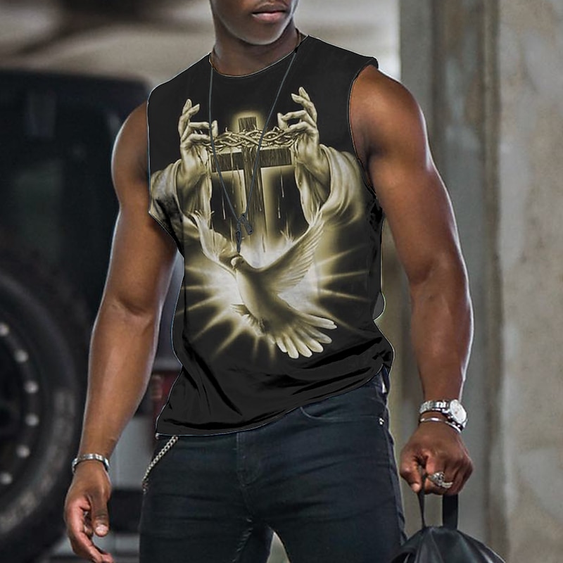 Men's Graphic Cross Vest Top Sleeveless T Shirt for Men Sleeveless Cap Sleeve T shirt 3D Print Crew Neck Shirt Fashion Designer Muscle Daily Sports Running Light Yellow Black White Spring & Summer3