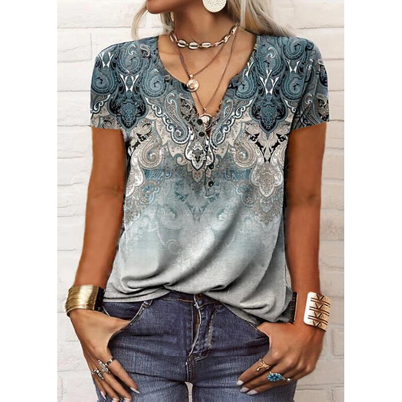 Women's T Shirt Henley Shirt Graphic Paisley Vintage Basic Short Sleeve V Neck Regular Tops Daily Weekend Print Black Red Blue4