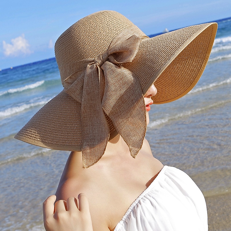 1 pcs Womens 5.5 Inches Big Bowknot Straw Hat Large Floppy Foldable Roll up Beach Cap Sun Hat UPF 503