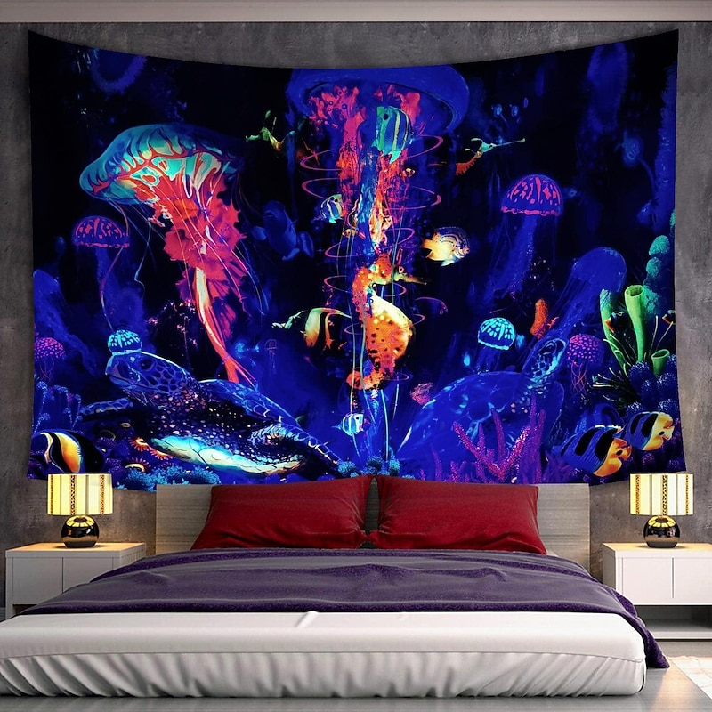 Blacklight Tapestry UV Reactive Glow in the Dark Glow Party Neon Jellyfish Marine Psychedelic Trippy Misty Hanging Tapestry Wall Art Mural for Living Room Bedroom3