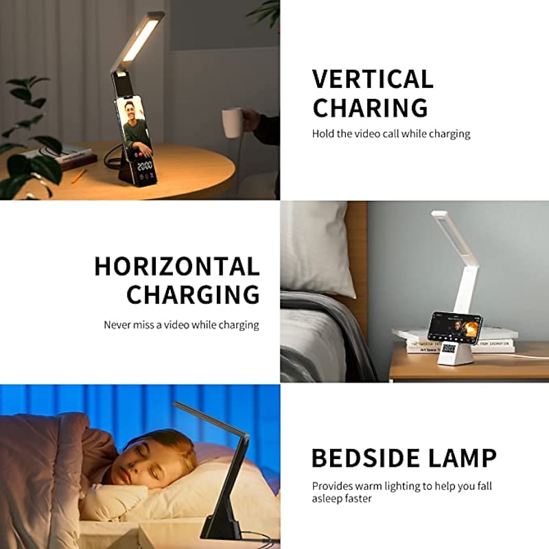 LED Desk Lamp with Wireless Charger 3 in 1 Fast Charging Station Touch Control Desk Lamp with Clock Alarm 3 Lighting Modes & Stepless Brightness Home Office Eye-Caring Table Lamps4