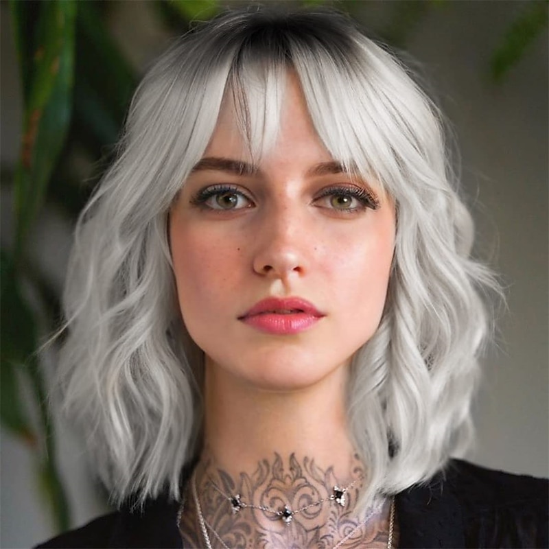 Short White Silver Wigs for Women Ombre Black Grey Curly Wig with Bangs Medium Length Synthetic Hair Water Wave Bob Wig Gray Colorful Wigs Elegant Style
