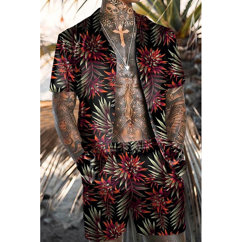 Men's Floral Flamingo 2pcs Shirts Sets Summer Hawaiian Shirt Short Sleeve Short Pants Turndown Tropical Fashion Hawaiian Street Casual Hawaiian Print Summer Spring Black Red Orange3