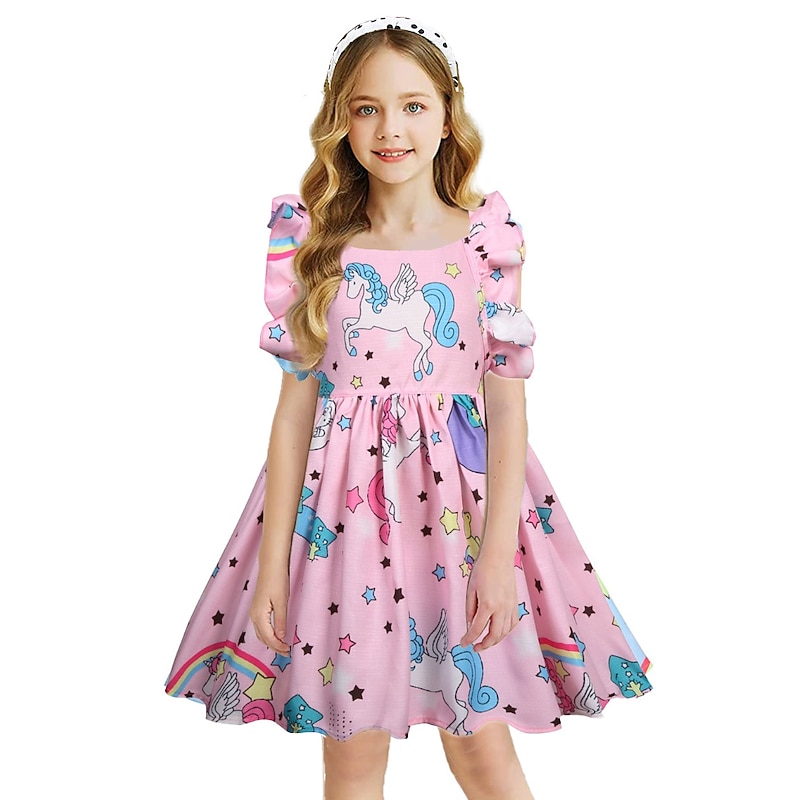 Kids Girls' Dress Rainbow Unicorn Star Short Sleeve Casual Casual Sweet Cotton Above Knee Casual Dress A Line Dress Summer Spring 3-8 Years Light Blue Light Green Pink