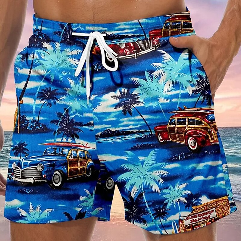 Men's Car Coconut Tree Graphic Prints Swim Shorts Board Shorts Swimming Trunks Mid Waist Hawaiian Boho Casual Daily Holiday Drawstring with Mesh lining Elastic Waist Designer Clothing Apparel