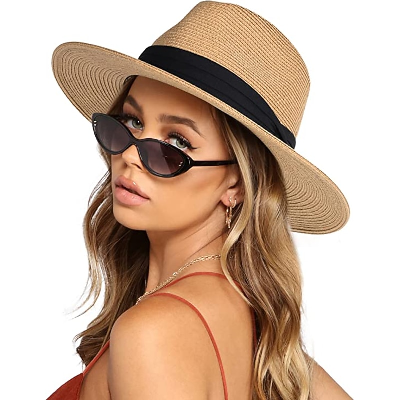 1 pcs Womens Mens Wide Brim Straw Panama Hat Fedora Summer Beach Sun Hat  Straw Hat for Women3