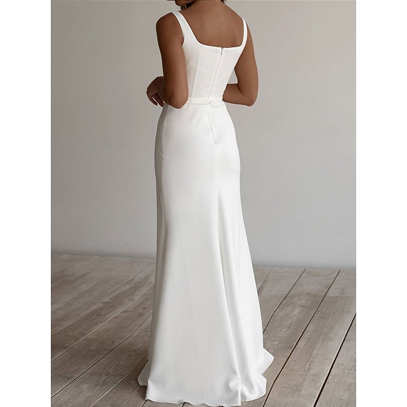 Beach Wedding Beach Casual Simple Wedding Dress Sheath Square Neck Sleeveless Floor Length Stretch Fabric Bridal Gowns With Sash / Ribbon2