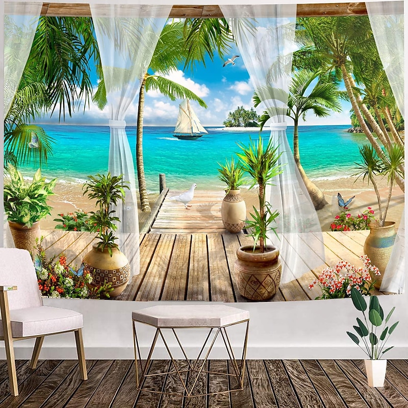 Beach Theme Hanging Tapestry Wall Art Large Tapestry Mural Decor Photograph Backdrop Blanket Curtain Home Bedroom Living Room Decoration 6