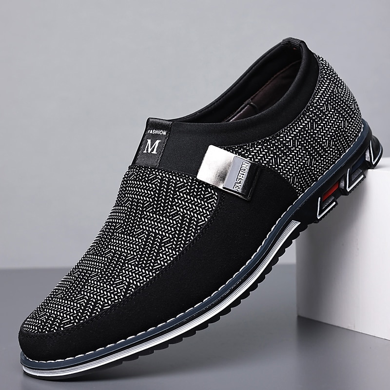 Men's Slip-On Casual Loafers – Black and Gray Patterned Breathable Shoes with Metal Buckle, Comfortable and Lightweight for Everyday Wear