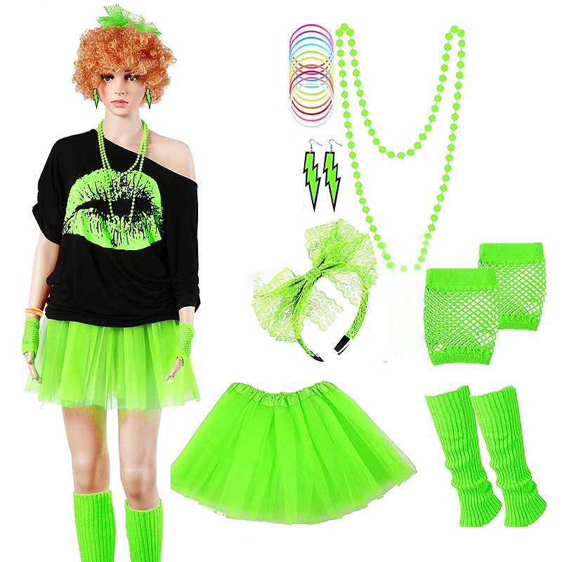 Women's 80s Costumes Outfit 1980s T-Shirts Accessories Set Tee Tutu Skirt Earrings Necklace Bracelets Fishnet Gloves Legwarmers Headband 8 Pcs